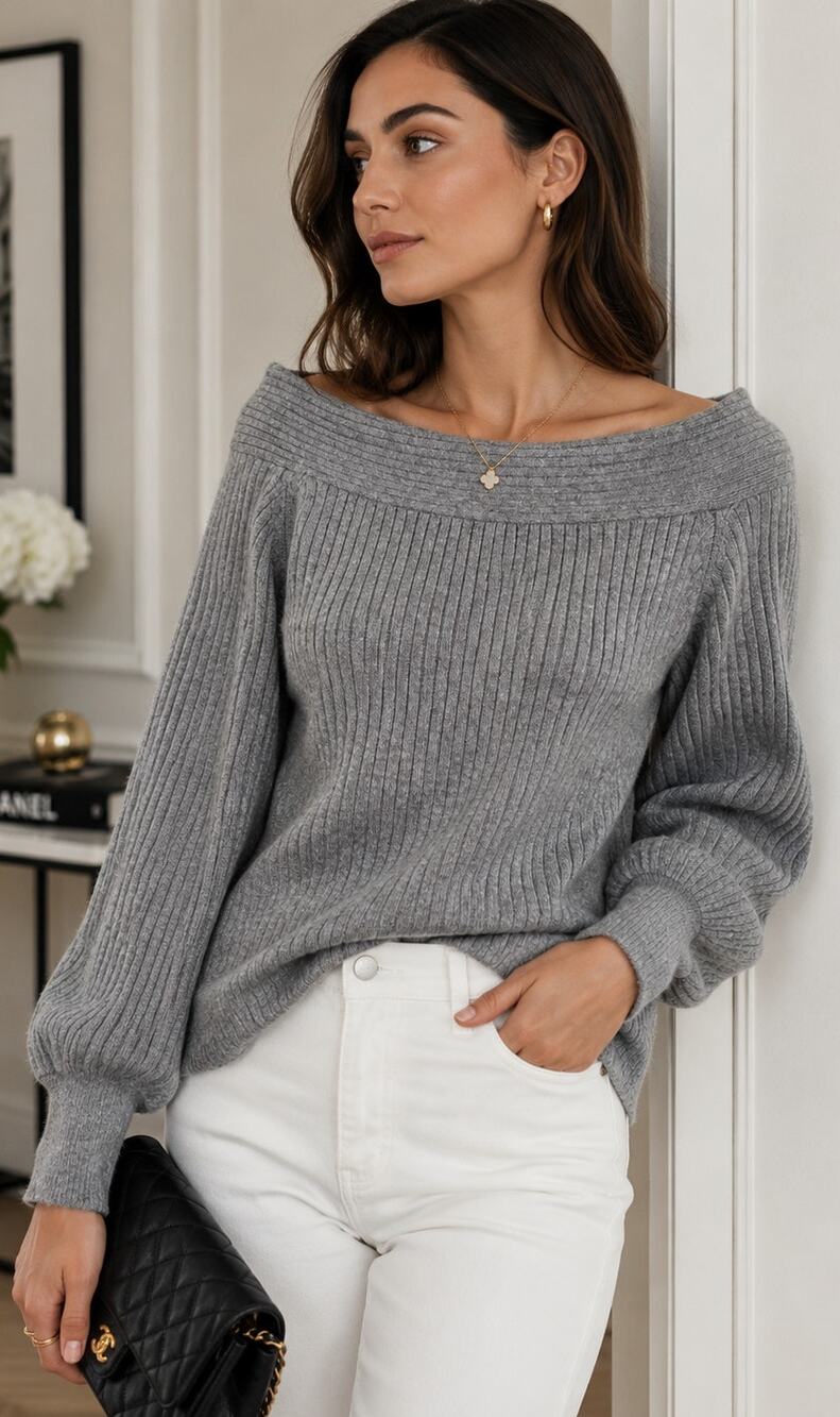 Anthropologie Moth Gray Ribbed Boatneck Sweater Off Shoulder Balloon Sleeve S